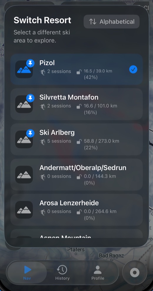 The resort picker in the app, listing mapped ski areas with the number of seasons recorded at each.