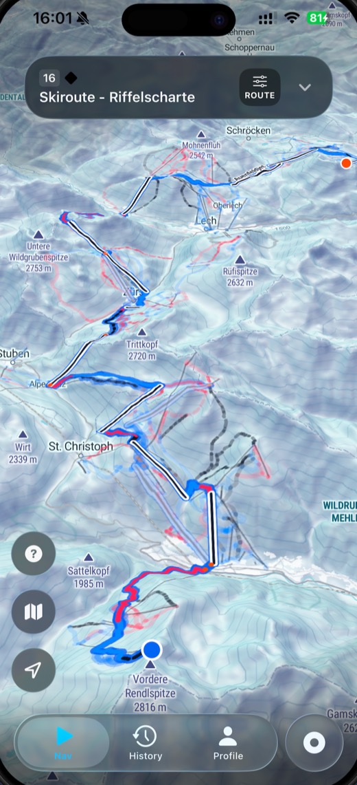 The route drawn across the piste map, following lifts and runs through the ski area rather than a straight line over the terrain.