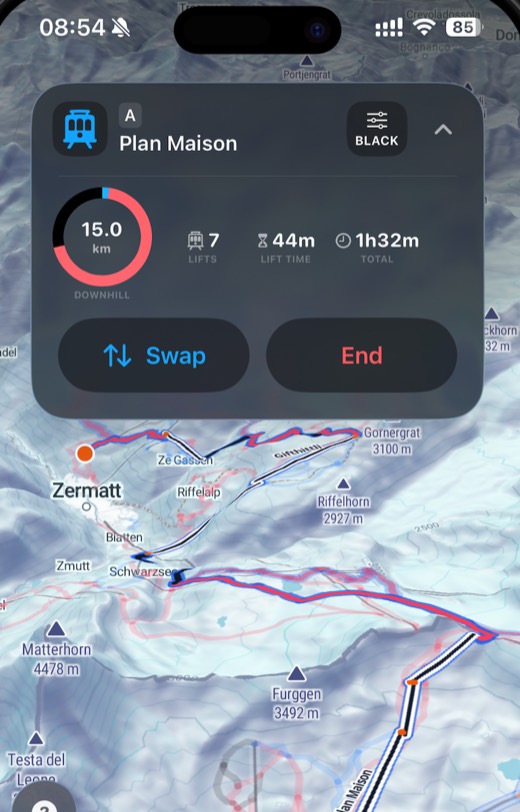 A planned route in the app, showing the destination, the grade limit set for it, and the downhill distance, lift count and total time it works out to.