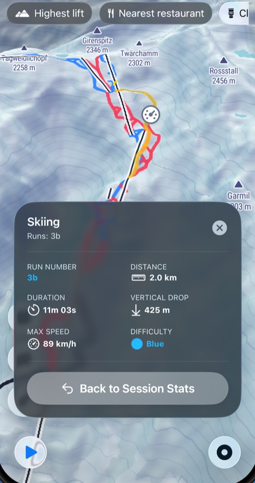 A single recorded run, identified by its run number, with its distance, duration, vertical drop, top speed and grade.